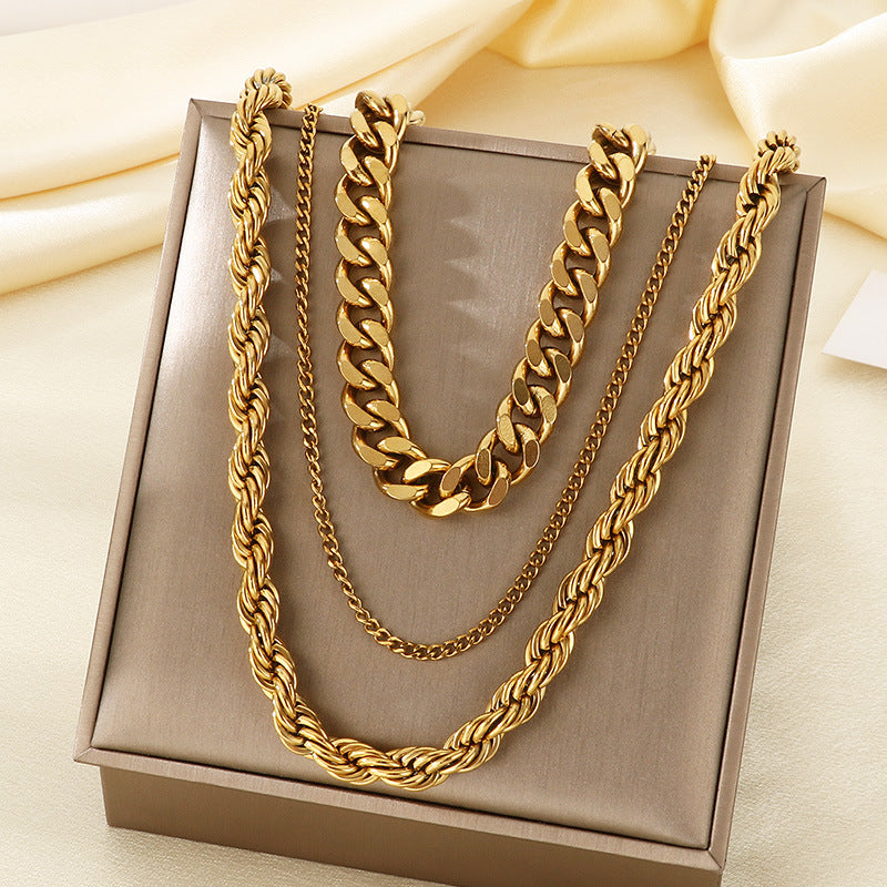 Hipster Stainless Steel Plain Chain Hip Hop Simple Multilayer Stacked Strap Cuban Chain Necklace