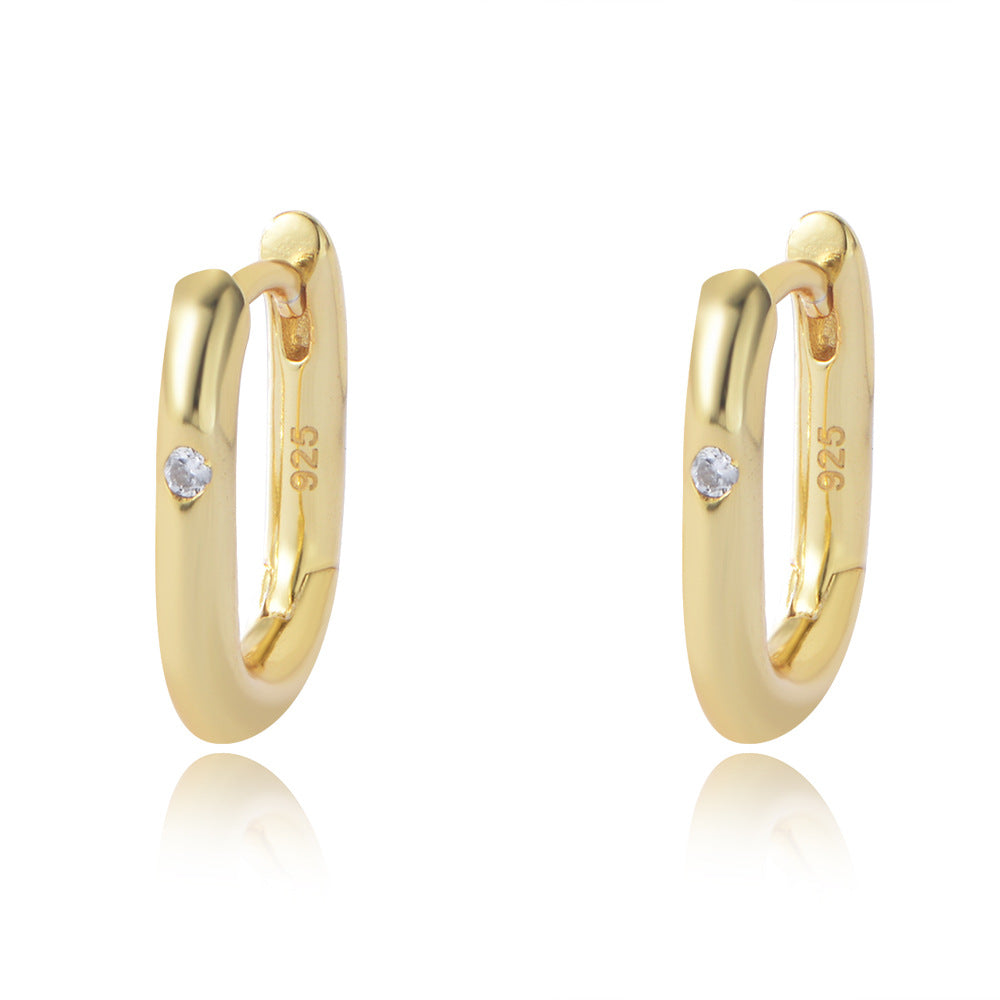 Cold Wind Retro Geometric Smooth Surface Oval U-Shaped Sterling Silver Earrings Versatile Zircon