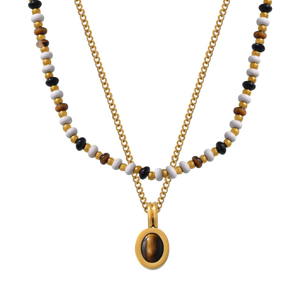 Tiger's Eye Stone Pendant Necklace with Titanium Steel Collarbone Chain