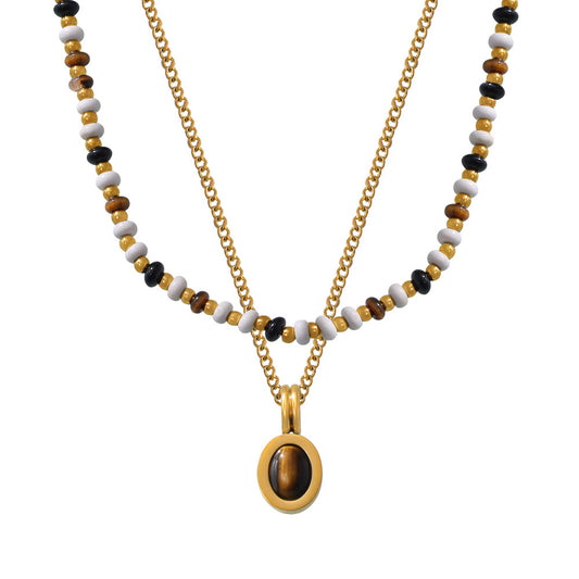 Tiger's Eye Stone Pendant Necklace with Titanium Steel Collarbone Chain