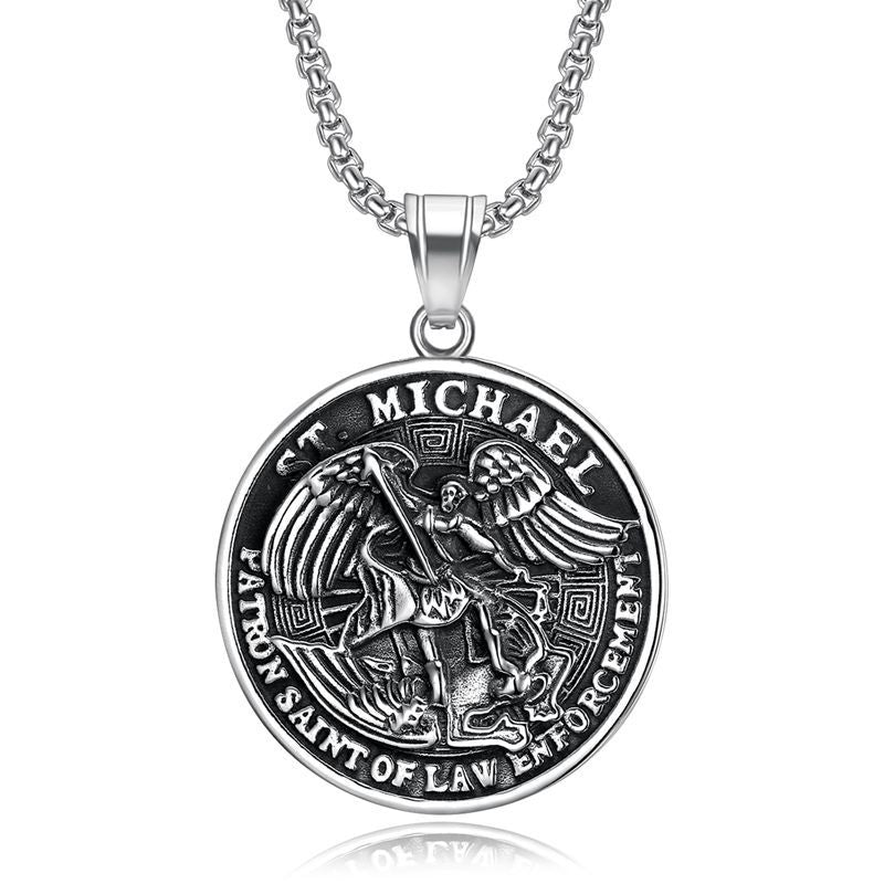 Planderful St Michael Angel Round Pendant Necklace Unisex Titanium Steel Punk Style Jewelry
