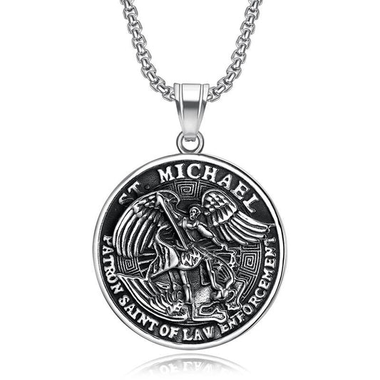 Planderful St Michael Angel Round Pendant Necklace Unisex Titanium Steel Punk Style Jewelry