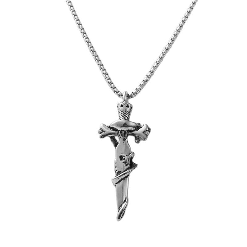 Titanium Steel Retro Cross Sword Pendant Necklace for Trendy Men and Women