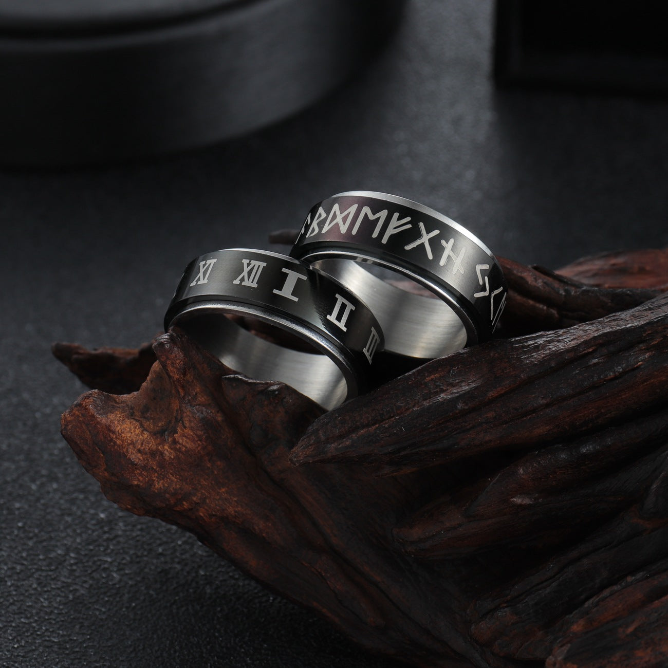 Viking Rune Steel Rotating Ring with Roman Numeral Design - Men's Handcrafted Stress Relief Jewelry