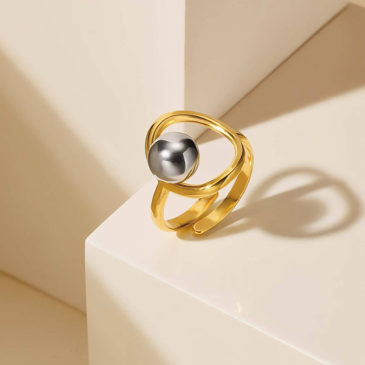 Stainless Steel Irregular Line Steel Ball Open Ring Gold