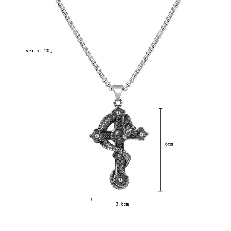 Dragon Cross & Feather Stainless Steel Pendant Necklace