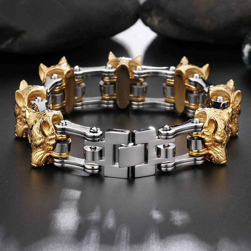 Titanium Steel Wolf Head and Lion Head Bracelets for Men, Exaggerated Bicycle Chain Design in Stainless Steel