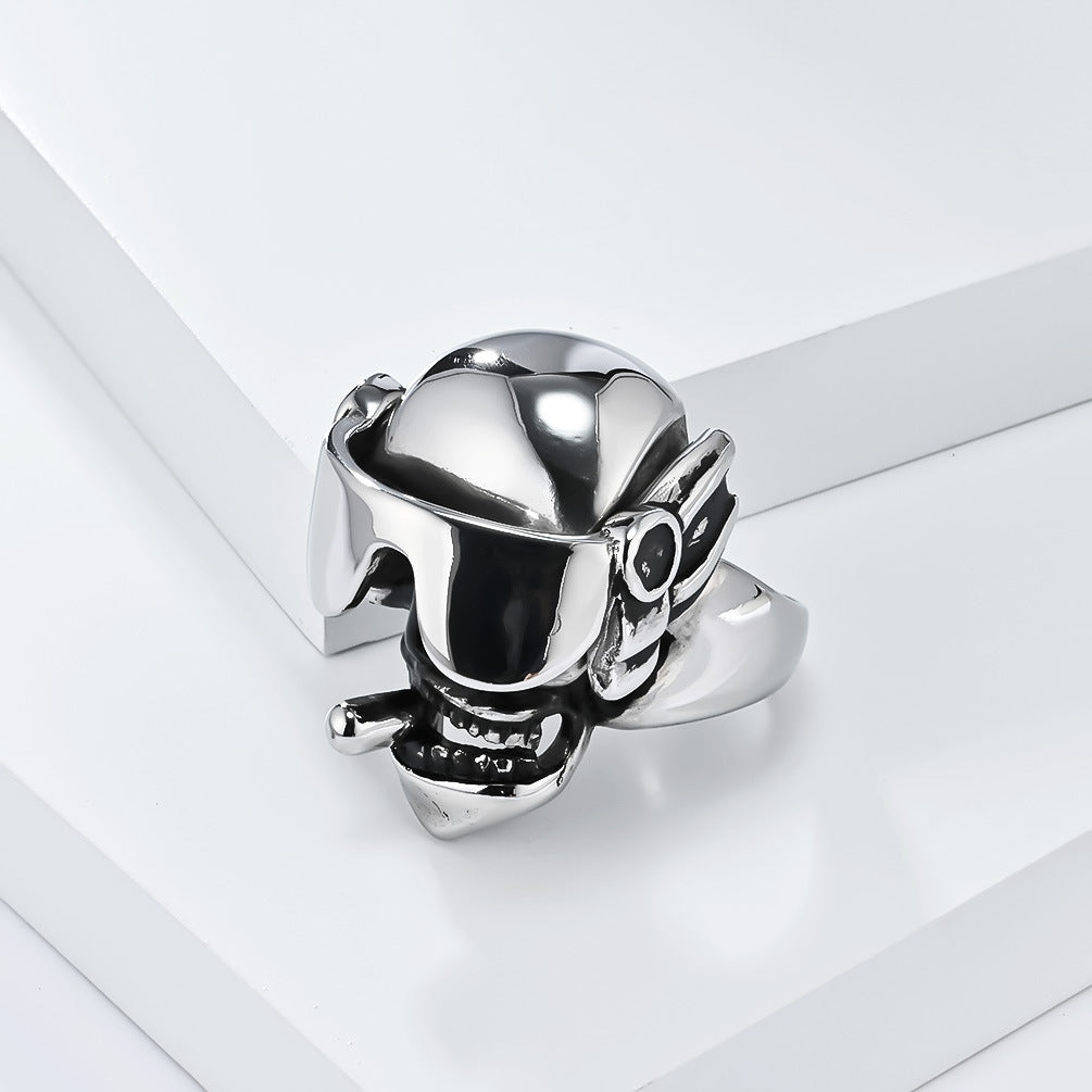 Goggles Swinging Cigar Skull Stainless Steel Ring for Men