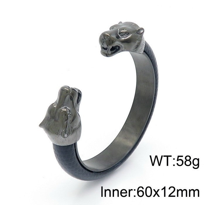 Men's Stainless Steel – Punk Style & Bold Wolf Head Titanium Steel Open-Leather Bracelet