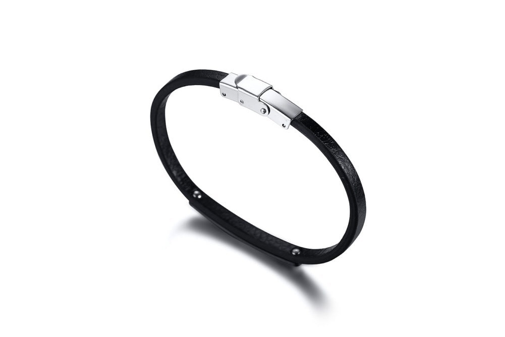 Stainless Steel Curved Leather Couple Bracelet Black Men