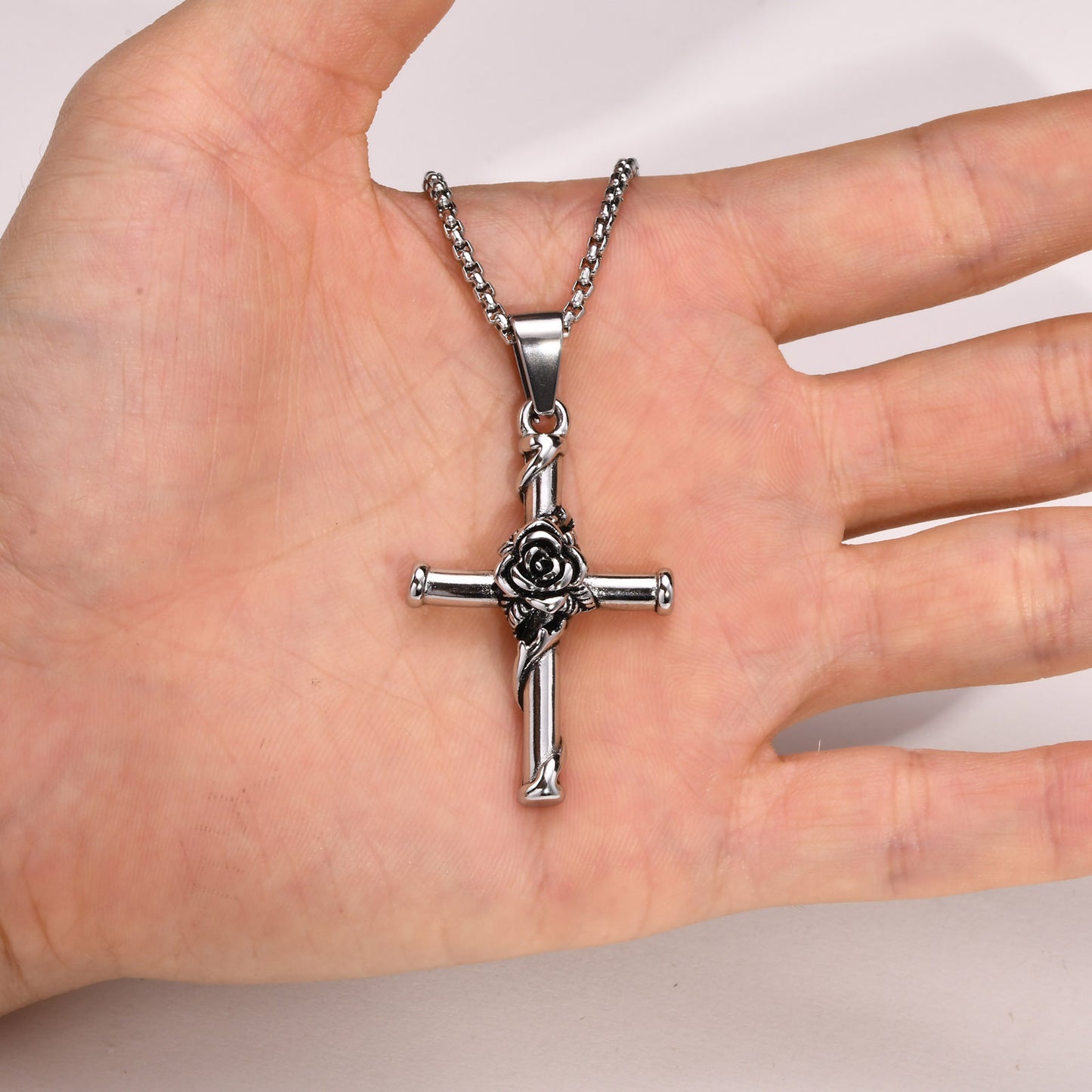 Titanium Steel Necklace Stainless Steel Rose Cross Pendant