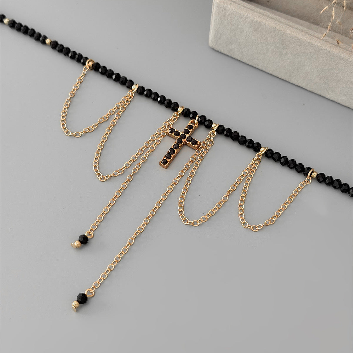 Gothic Beaded Cross Collarbone Necklace