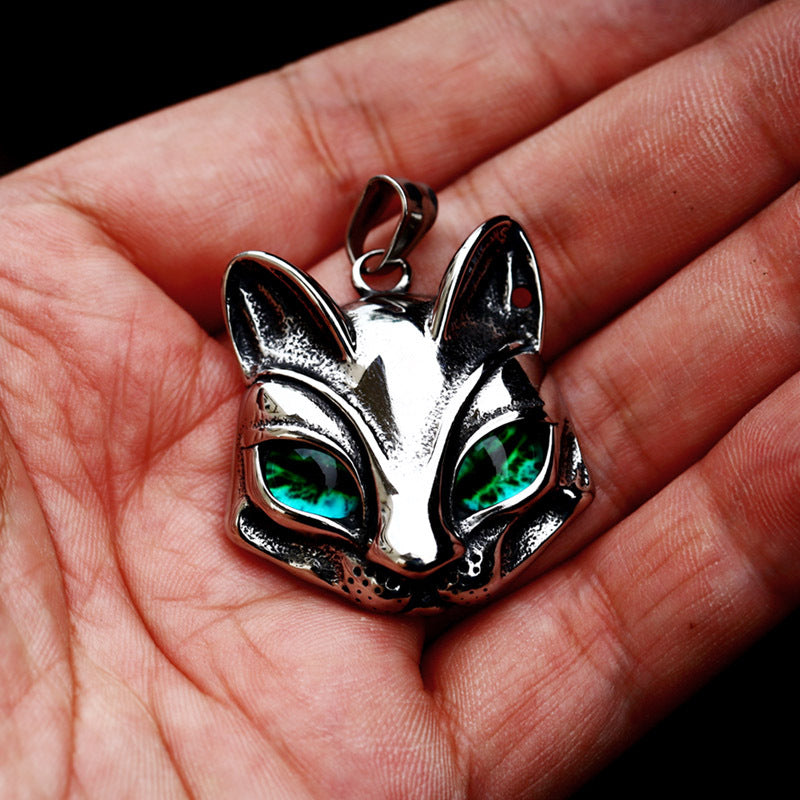 Titanium Steel Green-Eyed Fox Head Pendant - Retro Cat Design for Men