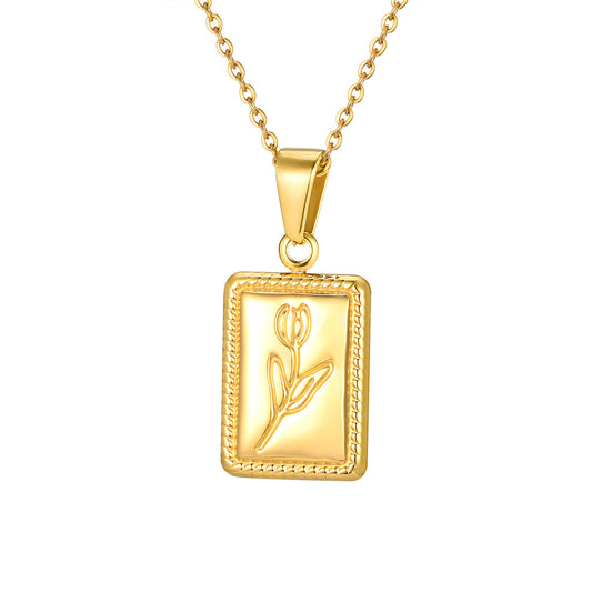 Jewelry Stainless Steel Embossed Tulip Pendant Gold Necklace