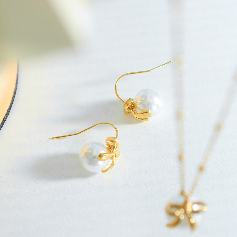 Luxurious French Bow Jewelry Set with Faux Pearls and Titanium Steel Gold Accents