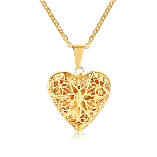 Heart-Shaped Photo Box Necklace Gold Stainless Steel Pendant