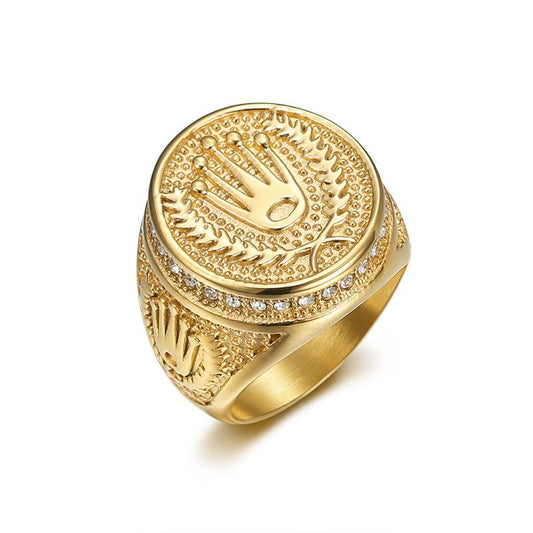 Planderful Mens Titanium Steel Ring Crown With Golden Rhinestones Hip Hop Style Size 7 13