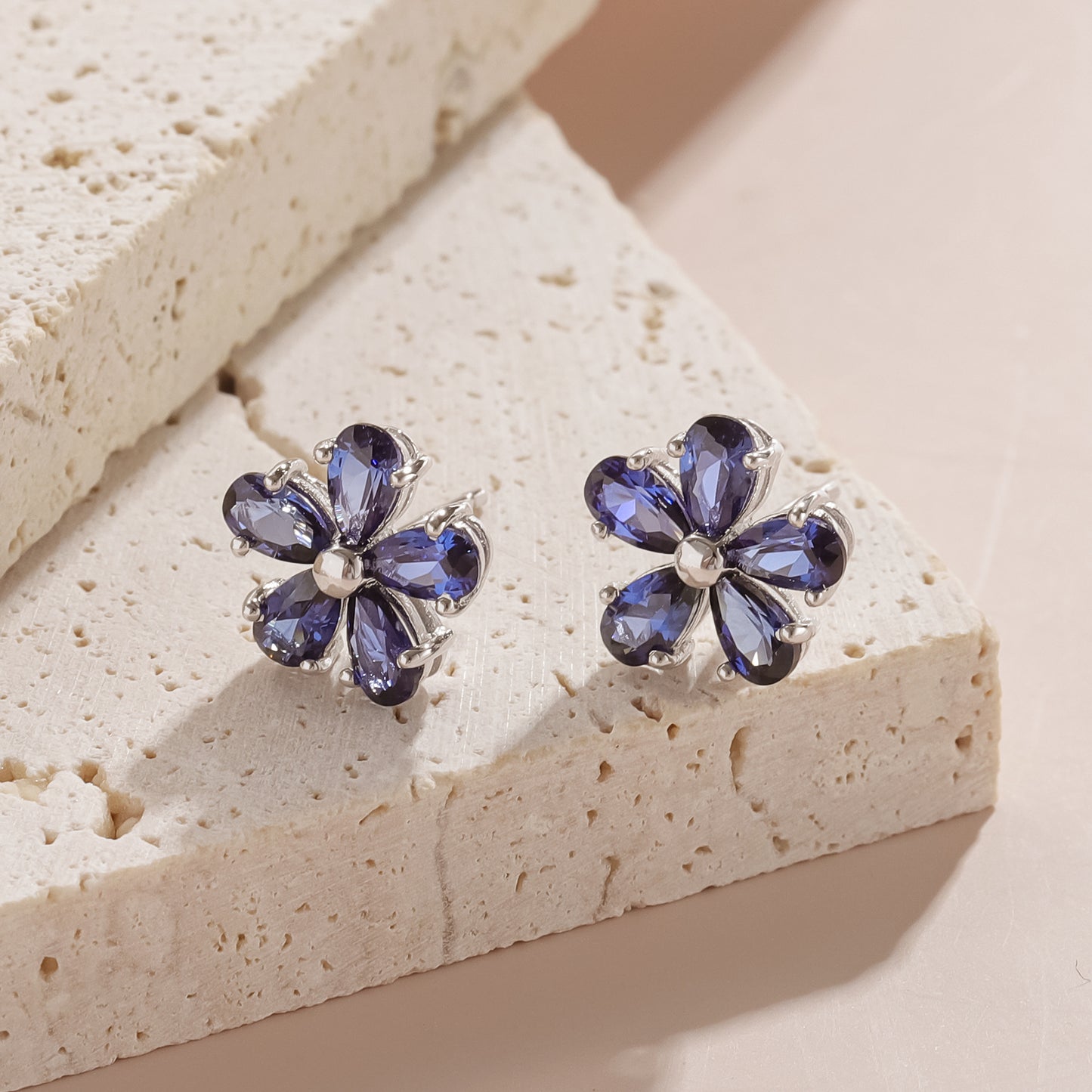 Five-Petal Flower Stud Earrings S925 Silver Lab Grown Sapphire