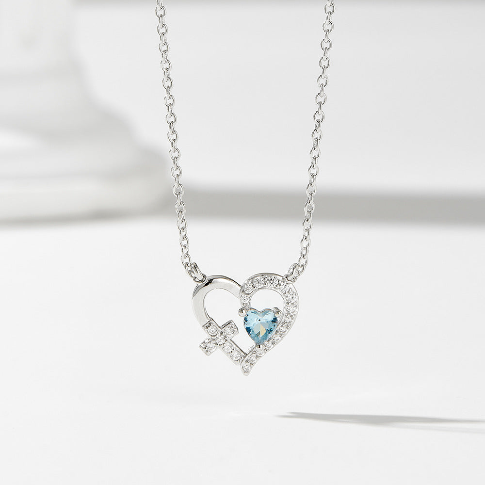 S925 Sterling Silver Hollow Cross Love Necklace Zircon Heart Pendant Necklace