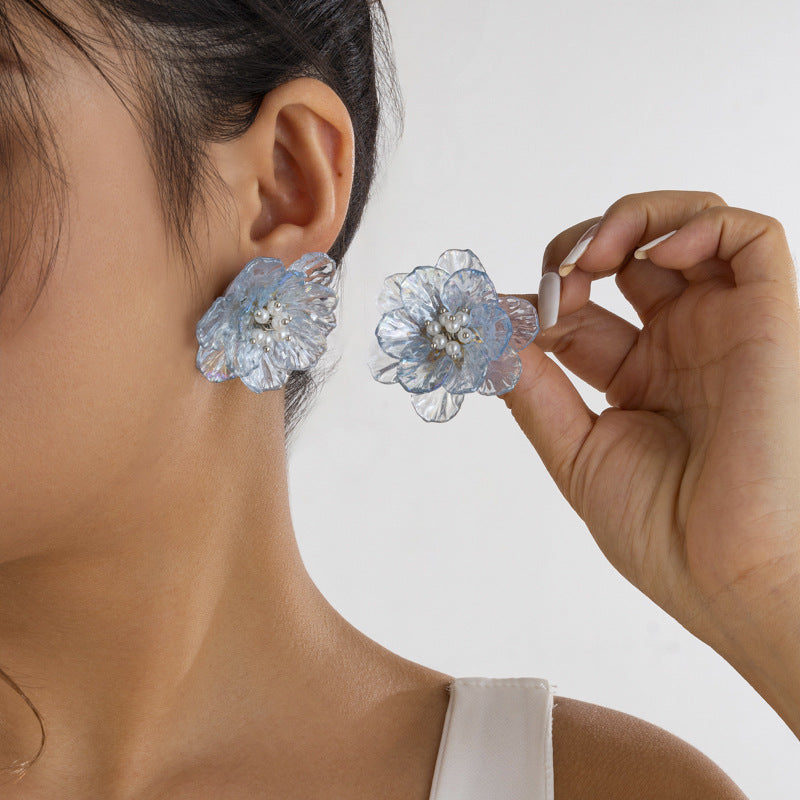 Planderful Vienna Verve 3D Flower Stud Earrings For Women Translucent Color Fantasy Statement Imitation Pearl