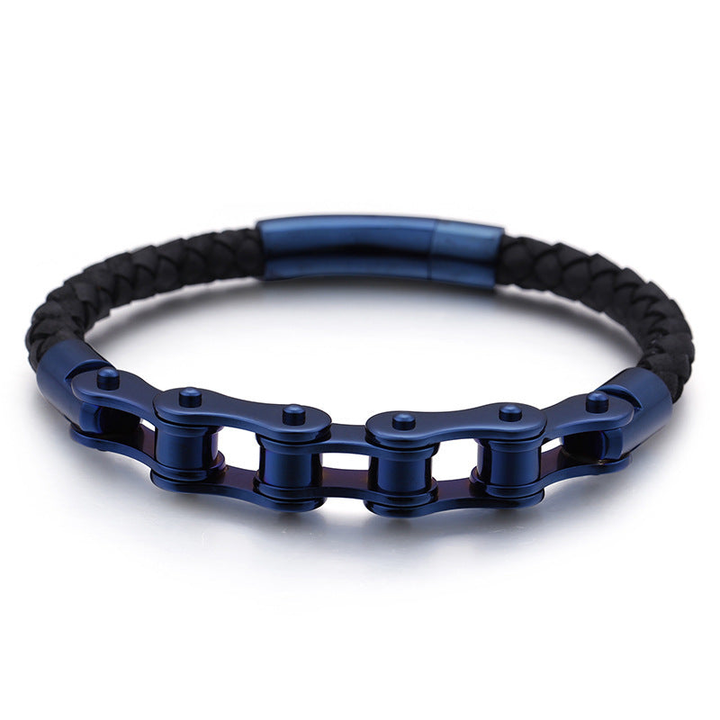 Cool Men's Stainless Steel Bicycle Chain Leather Bracelet – Locomotive Chain Cowhide