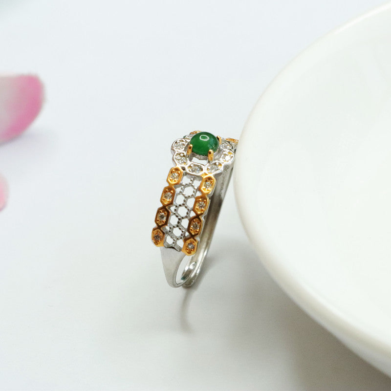 Golden Edged Sterling Silver Ring with Natural Ice Green Jade Flower