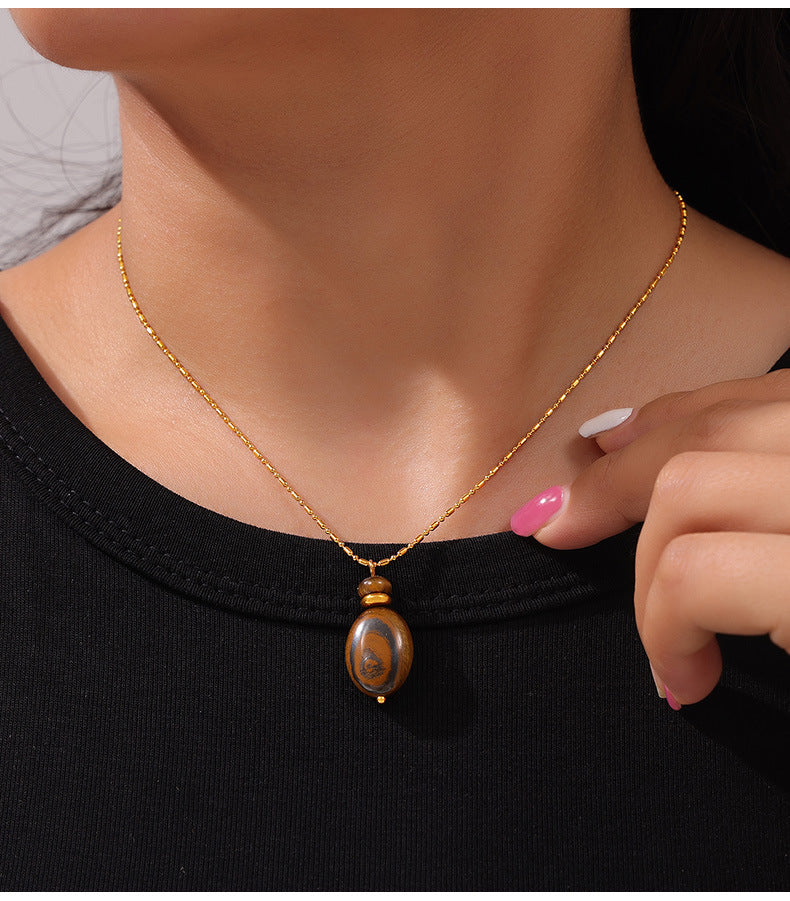 Tiger Eye Stone Pendant Necklace and Earrings Set, Unique Titanium Steel Jewelry