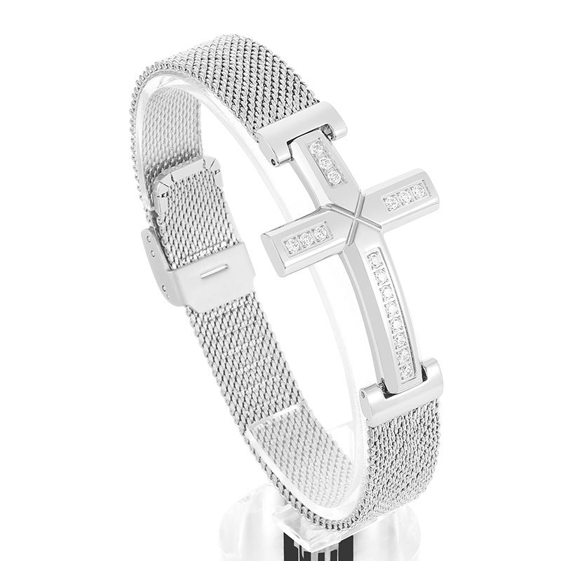 Planderful Men Titanium Steel Bracelet Zircon Cross Hip Hop