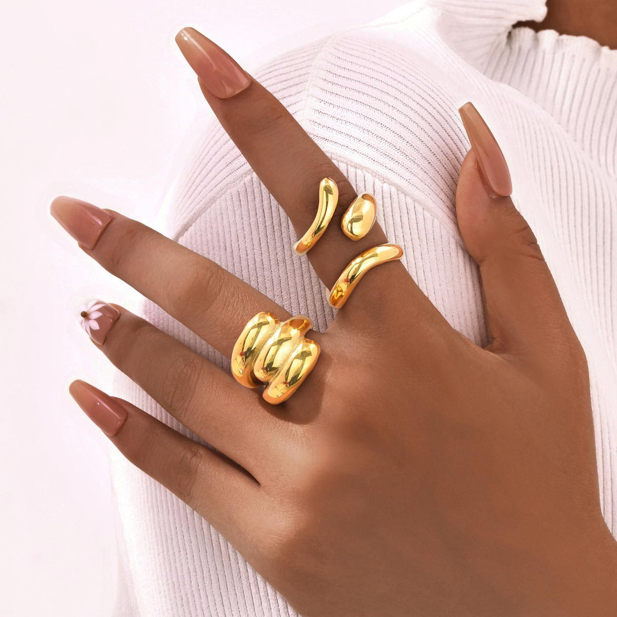 Stylish Stainless Steel Smooth Three-Layer Water Drop Geometric Wave Gold Ring