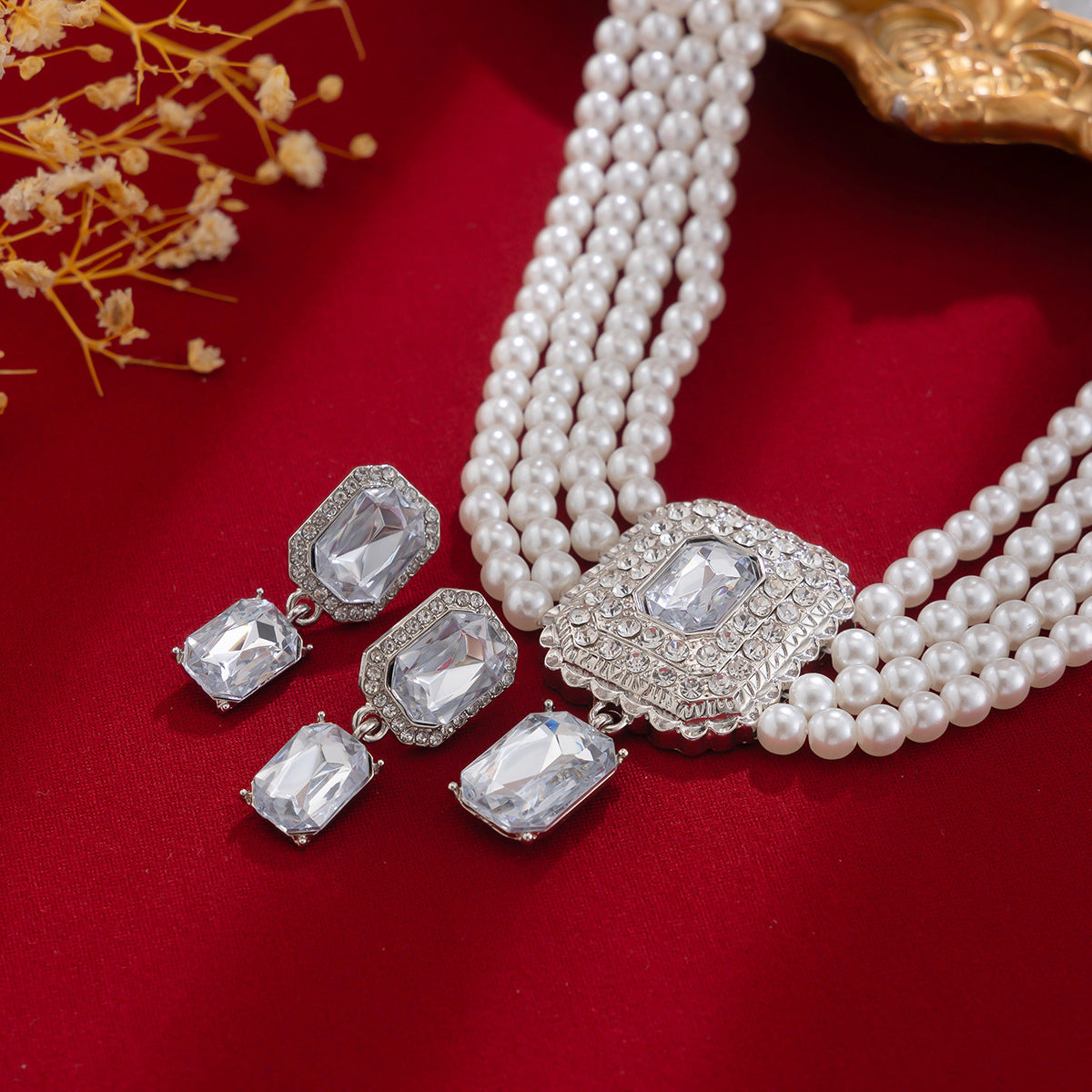 Square Crystal & Pearl-Style Layered Choker