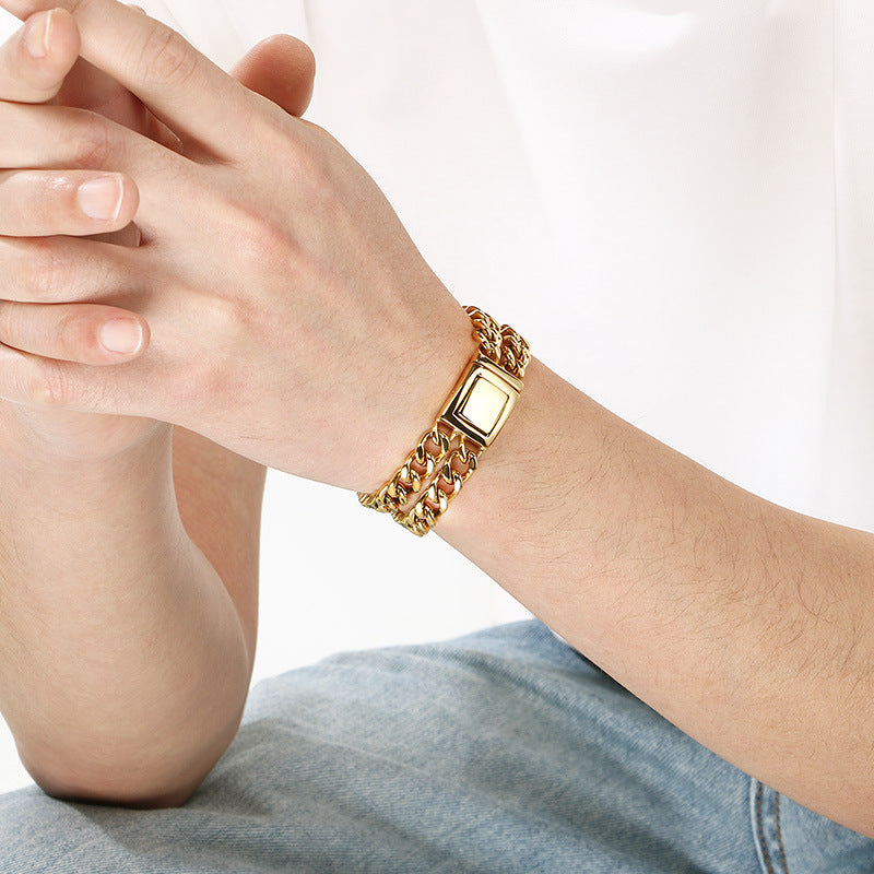 Bracelet – Stainless Steel Double-Layer Four-Sided Grinding Cuban Chain Men's