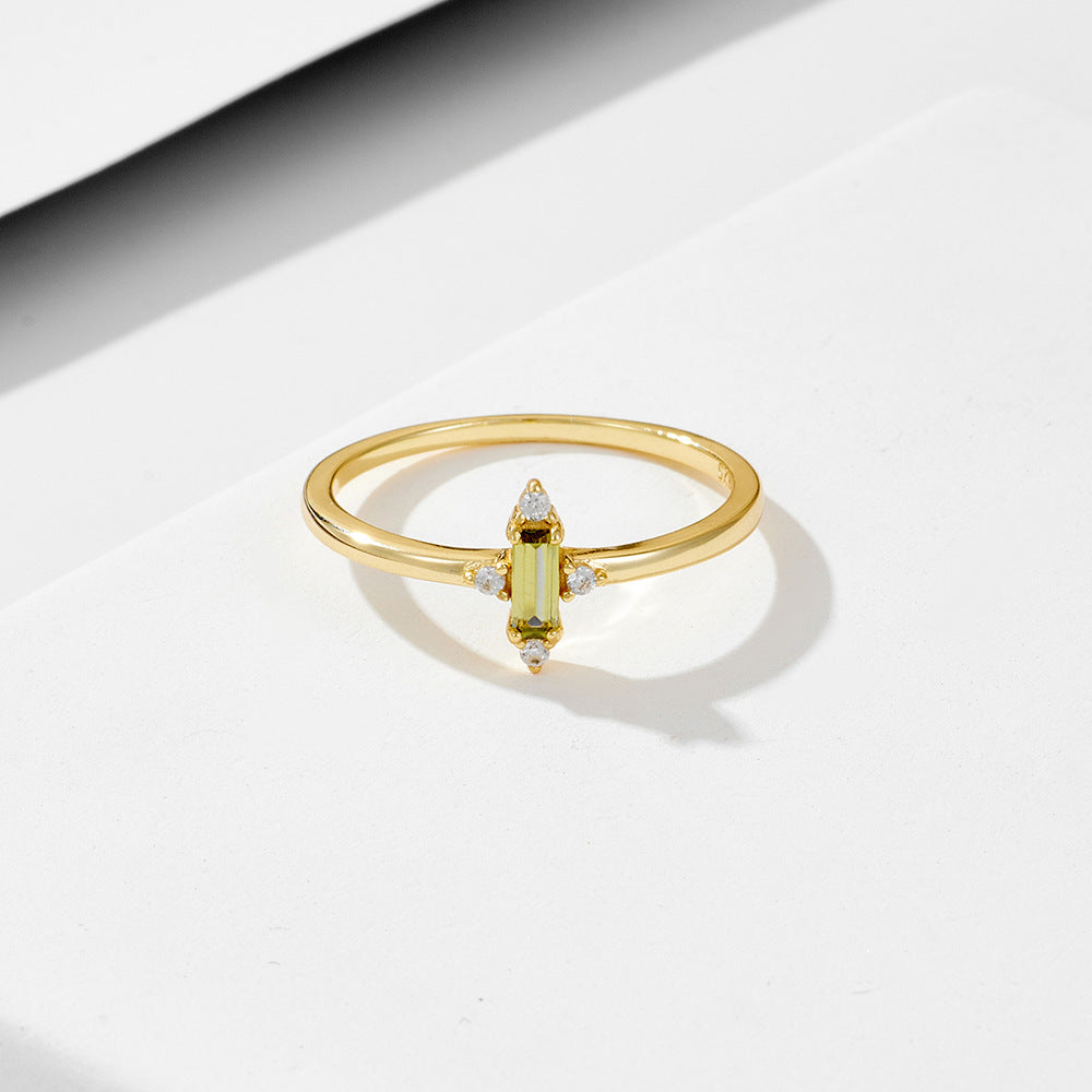 Baguette Cut Olive Green Zircon Silver Ring