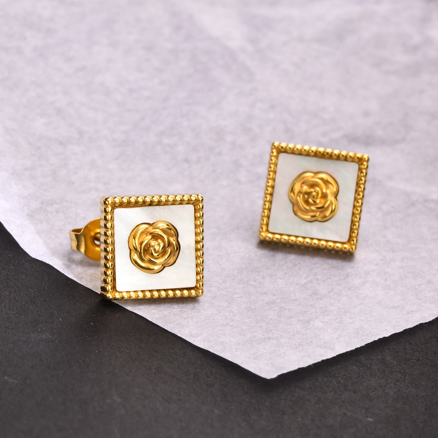 French Vintage Shell Rose Stud Earring Stainless Steel Jewelry