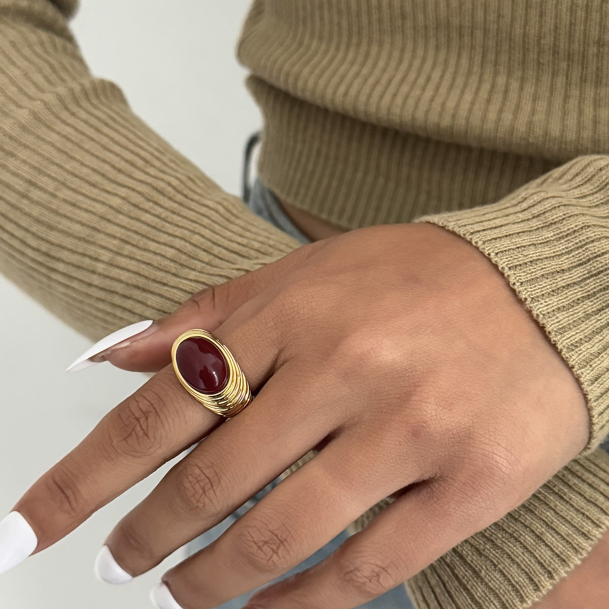 Planderful Vienna Verve Retro European Red Stone Open Ring For Women Geometric Oval Statement