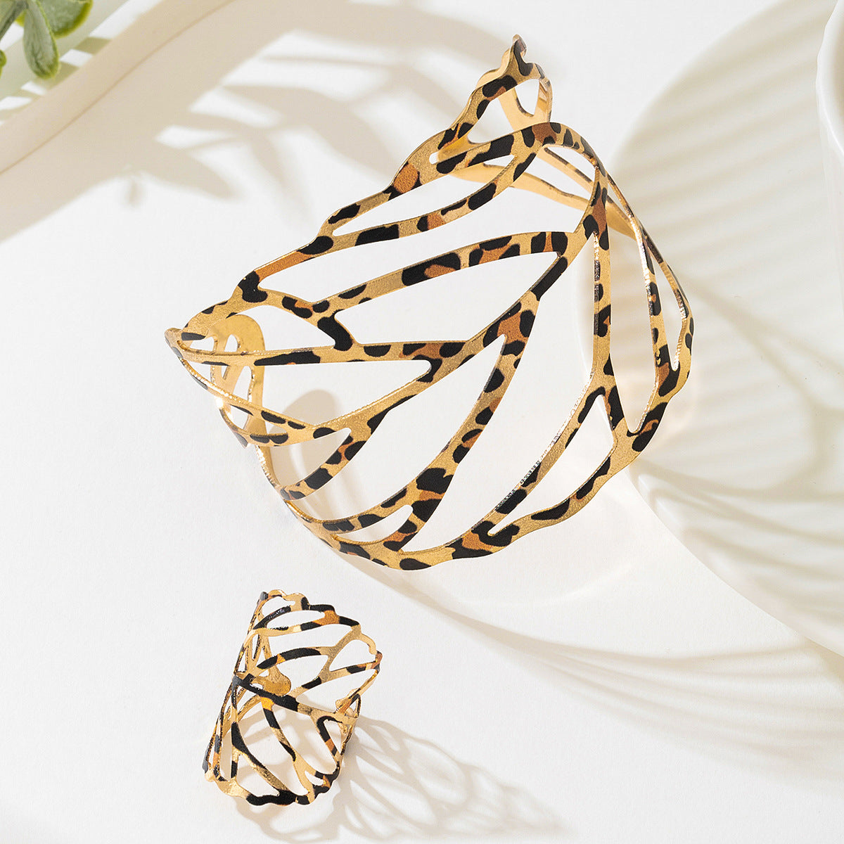 Stylish Metal Leaves Women's Bracelet Ring Set by Planderful