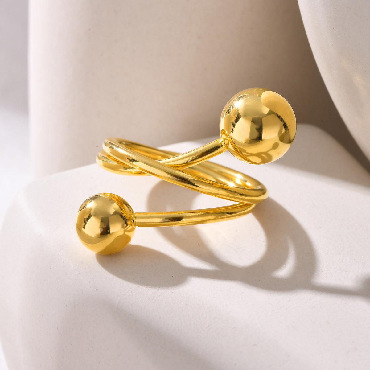 : Stainless Steel Smooth Cross-Layer Three-Layer Round Ball Gold Ring For Women