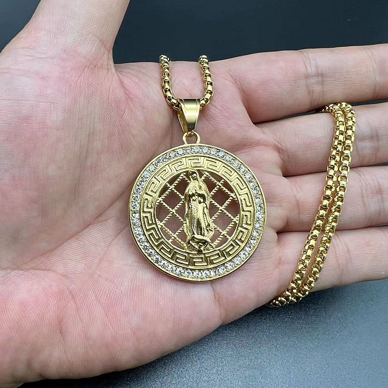 Rhinestone Necklace – Vintage Virgin Mary Hip Hop Pendant In Steel Gold Plating Finish