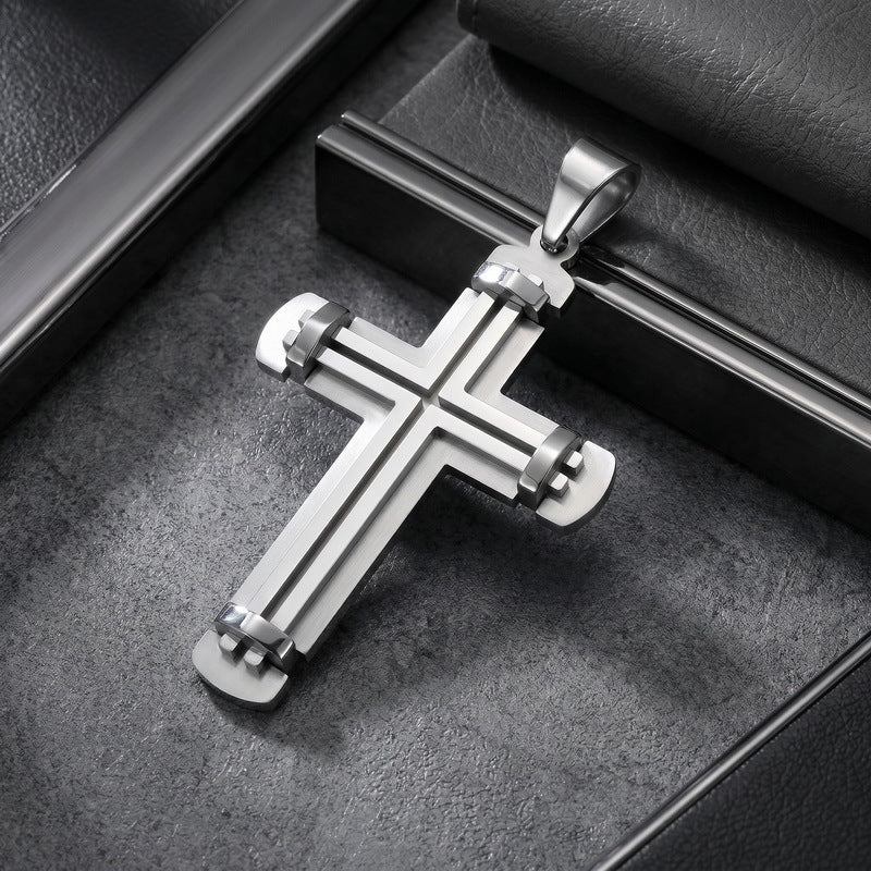 Hip-Hop Style Retro Rock Double-Layer Rivet Splicing Cross Titanium Steel Pendant Men's Color Necklace