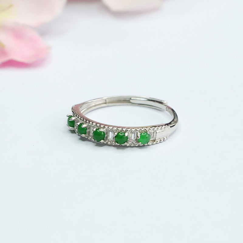 Sterling Silver Adjustable Emperor Green Jade Ring with Row of Five Ice Jade Stones