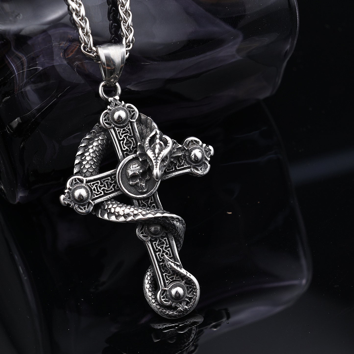 Planderful Stainless Steel Pendant Necklace Skull Dragon Cross For Men Retro Gothic Style