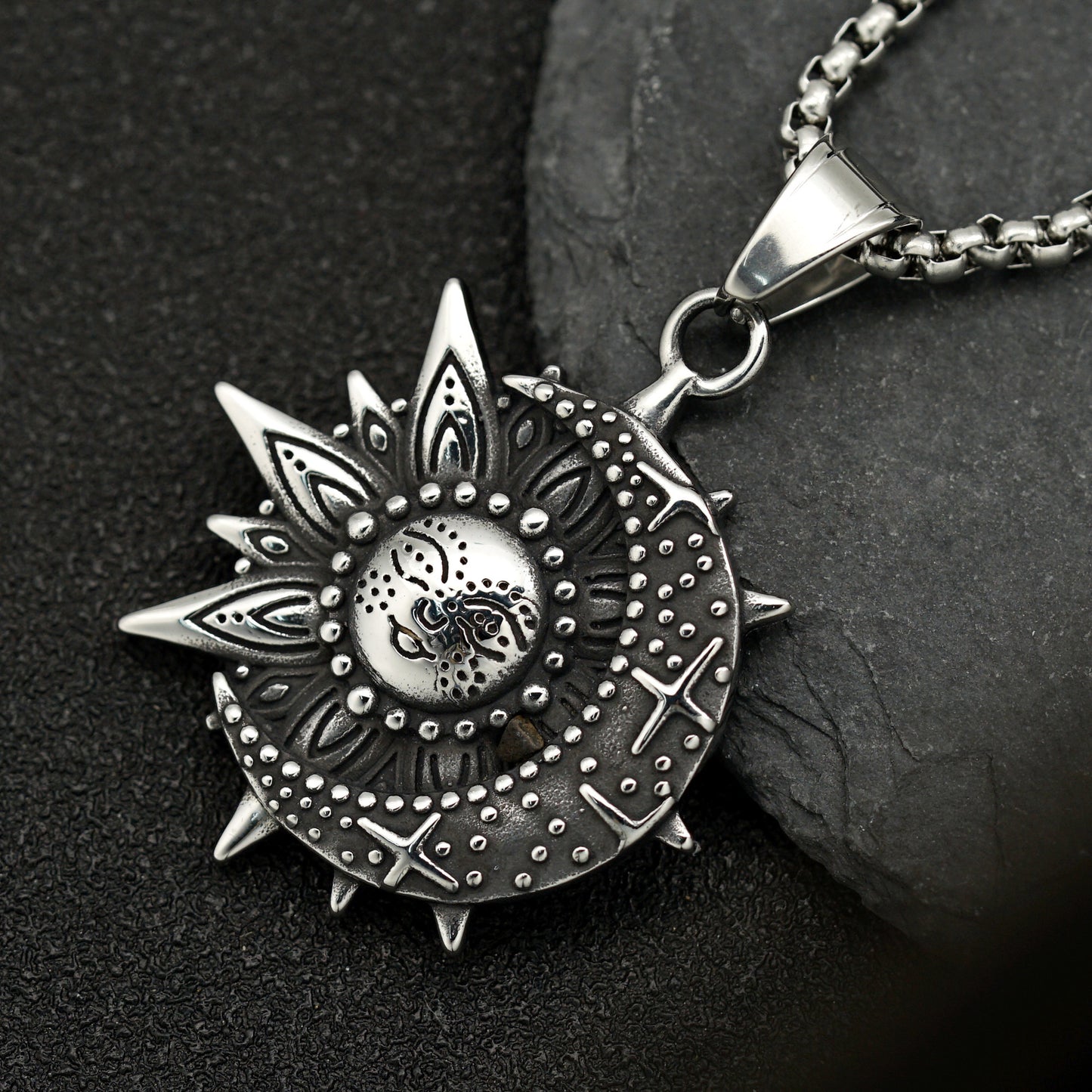 Steel Necklace Vintage Sun Smiley Celestial Mandala Floral Pendant Planderful Jewelry