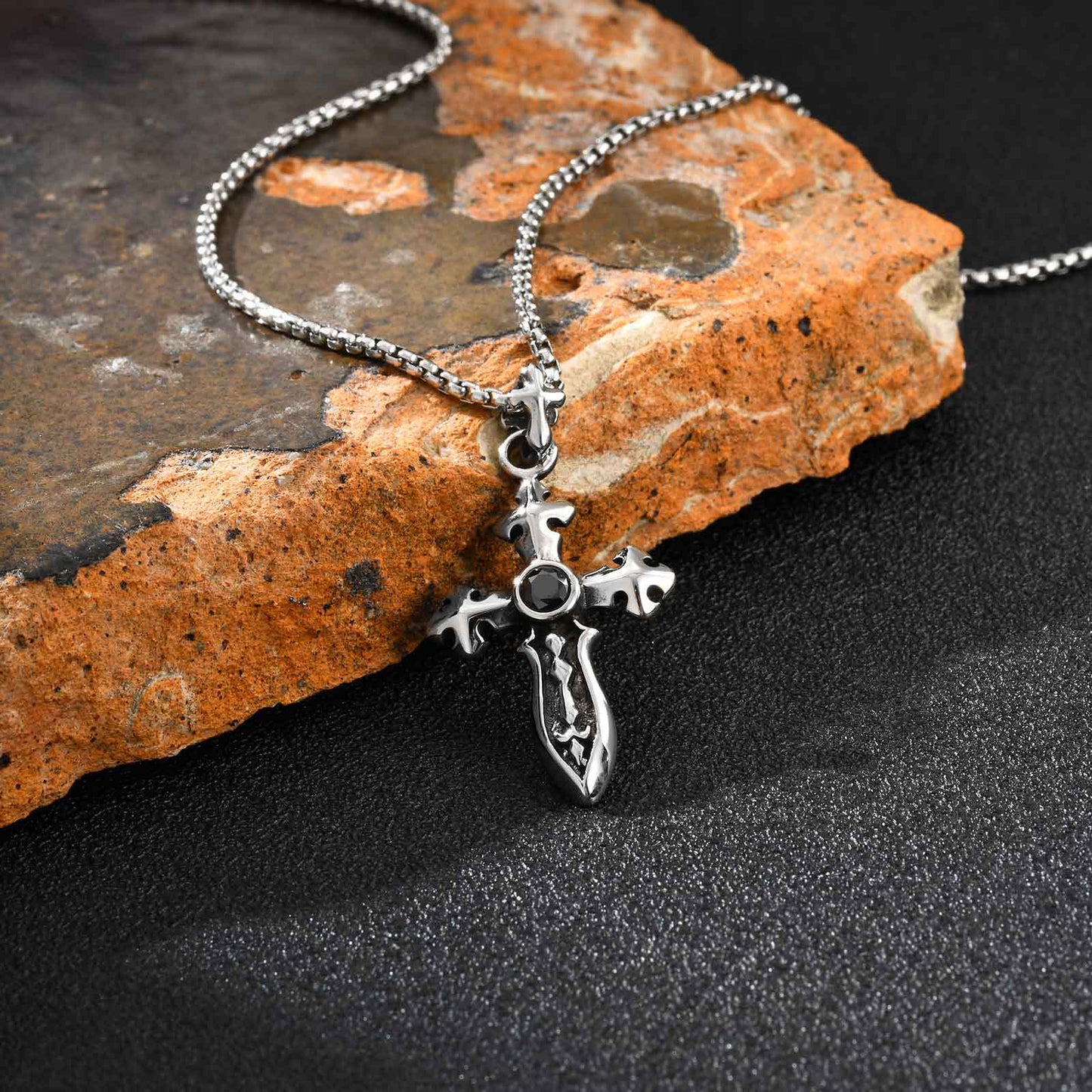 Planderful Retro Zircon Cross Sword Necklace Stainless Men
