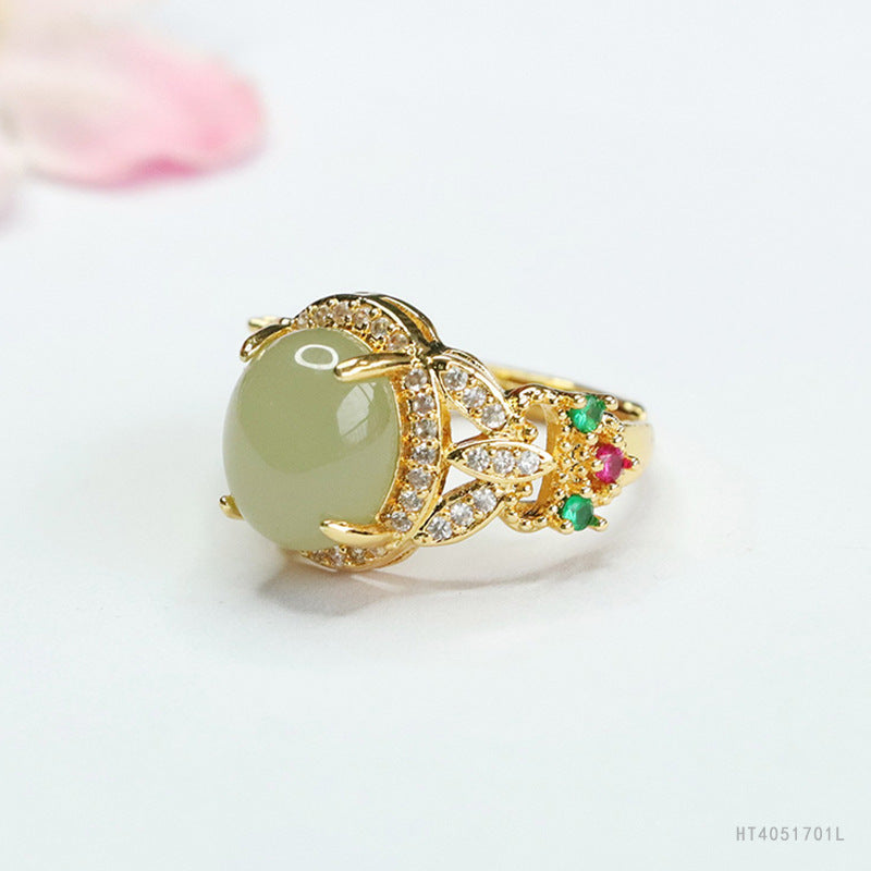 Qingshui Hetian Jade Zircon Clover Ring