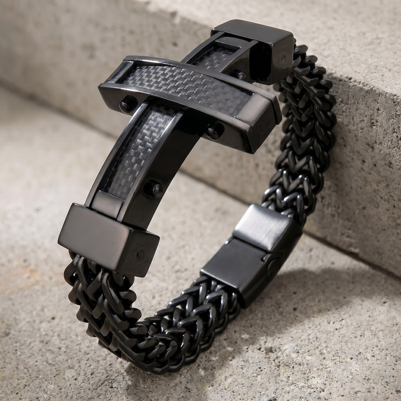Hip Hop Carbon Fiber Cross Double Layer Front & Back Chains Magnetic Buckle Stainless Bracelet
