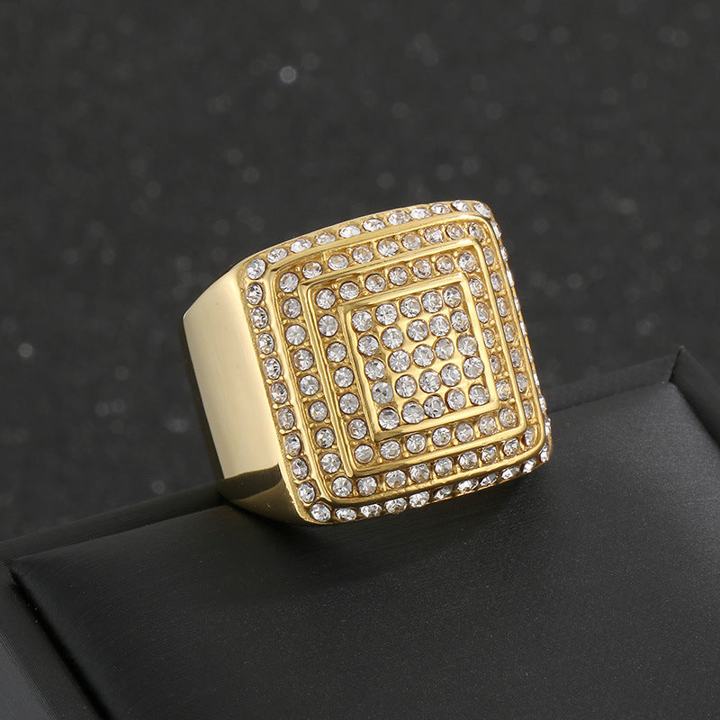 Hip-Hop Square Ring, Luxury Vacuum Plating Full Of Zircon Titanium Steel Men's Ring
