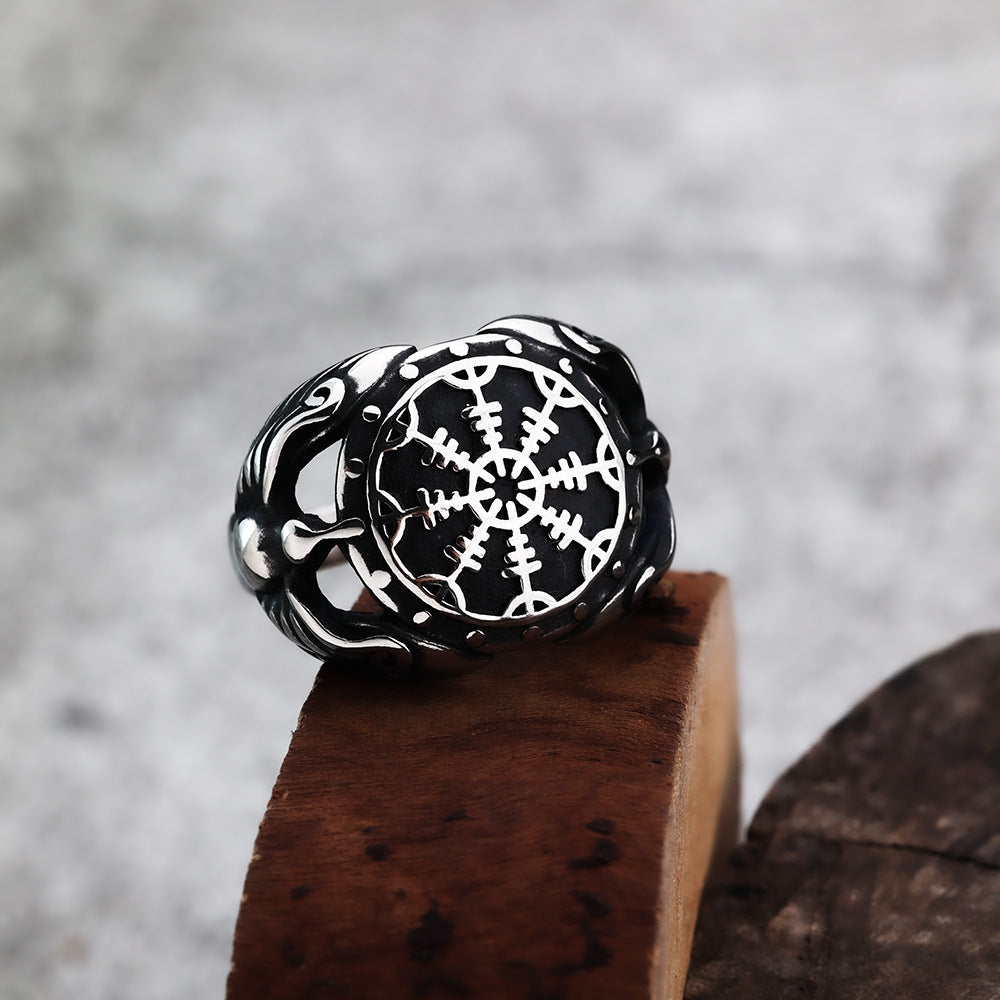 European And American Jewelry Wholesale Men's Titanium Steel Ring Retro Viking Crow Compass Ring
