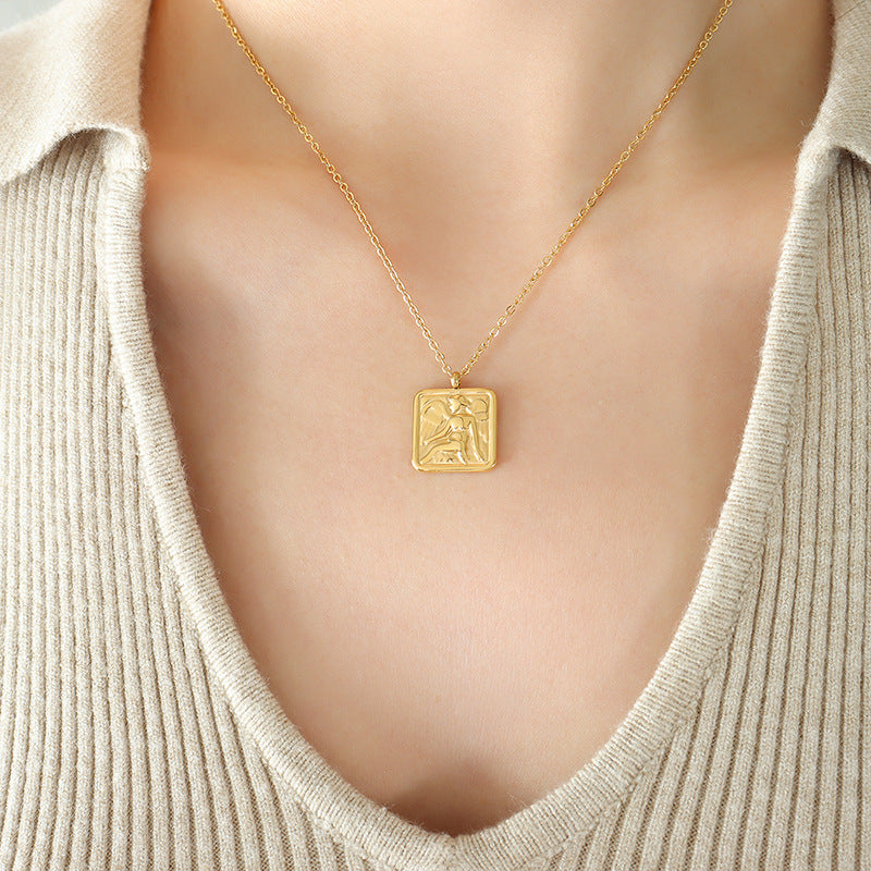 Cherub Square Pendant Gold Plated Clavicle Necklace - Dainty Jewelry for Women