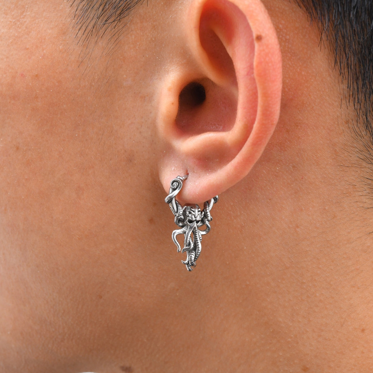 Antique Silver Gothic Elephant Single Hoop Earring