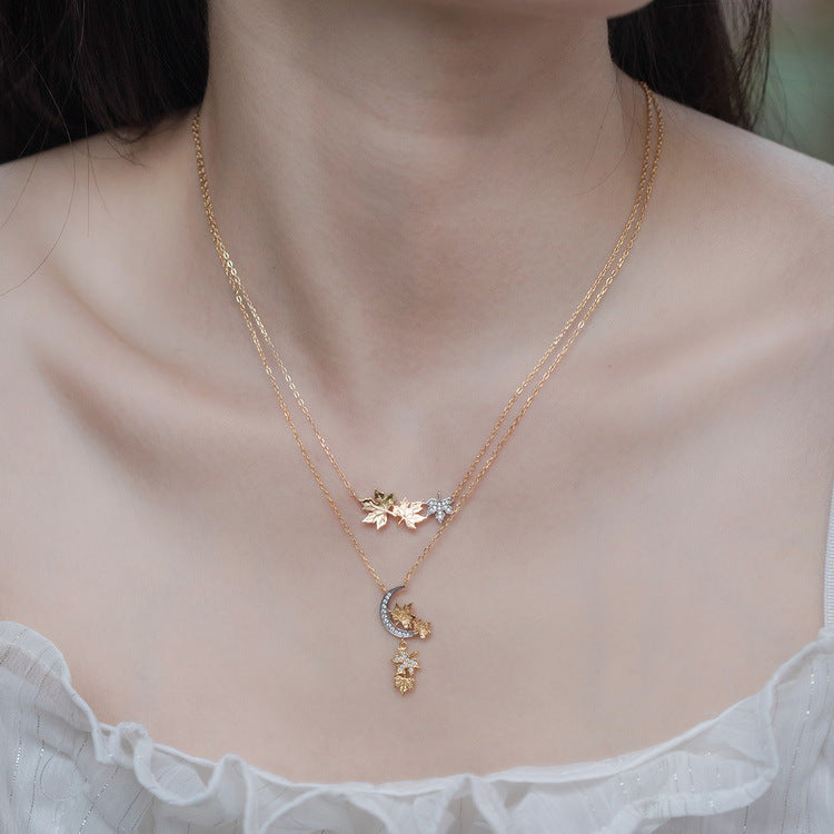 Two Tone Maple Leaf Pendant Zircon Sterling Silver Necklace