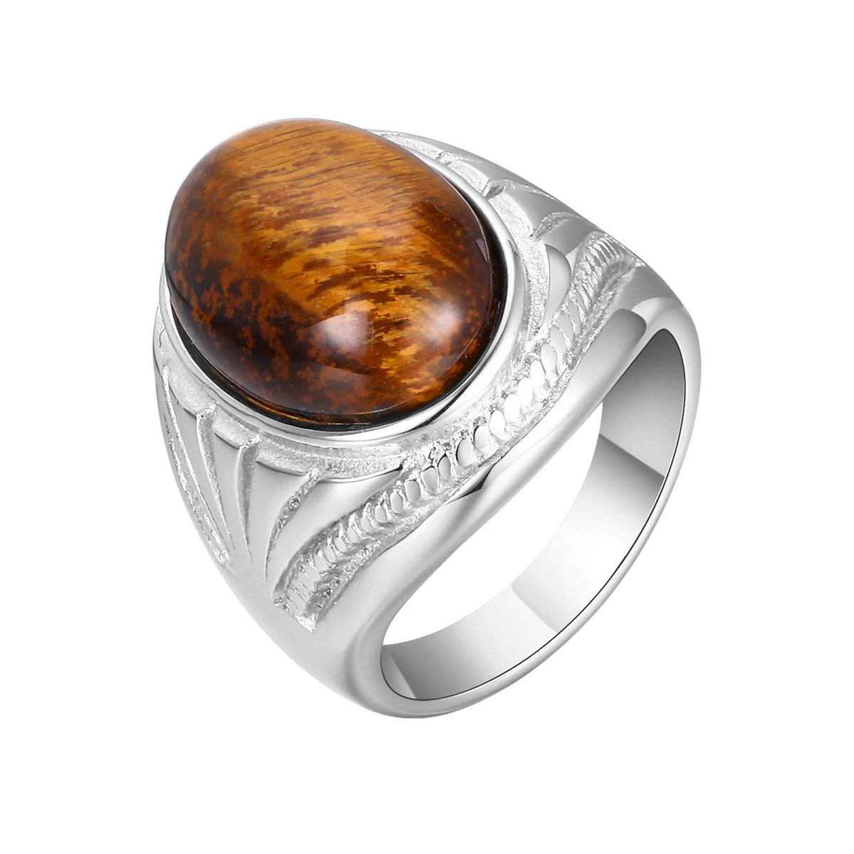 Stainless Steel Natural Tiger's Eye Oval Ring Men's Steel Color
